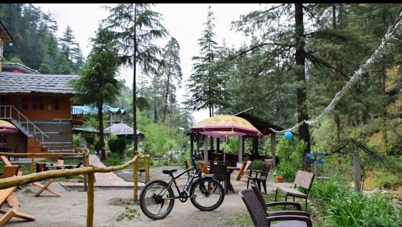 Courtyard seating with yellow umbrellas at Lato The Hut